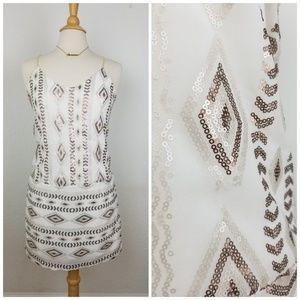 Zara Trafaluc Gold & Ivory Sequin Drop Waist Dress